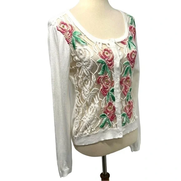 Agua Bendita White Embroidered Floral Lace Button Front Cardigan Sweater Large - Picture 8 of 14